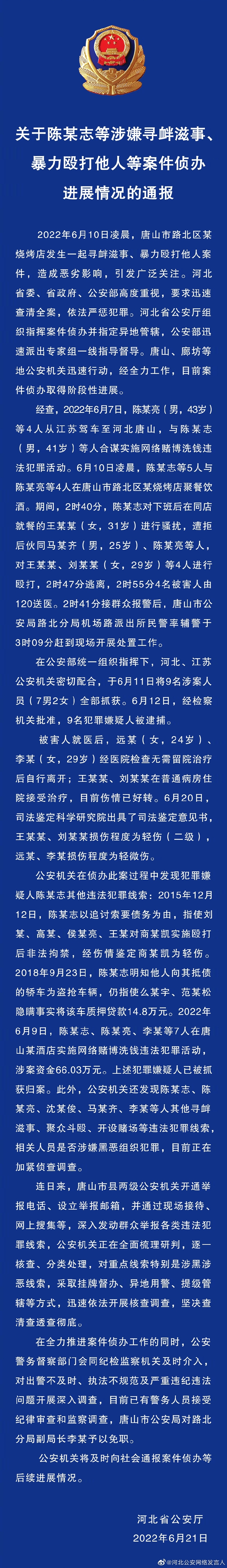 關(guān)于陳某志等涉嫌尋釁滋事、暴力毆打他人等案件偵辦進(jìn)展情況的通報(bào)