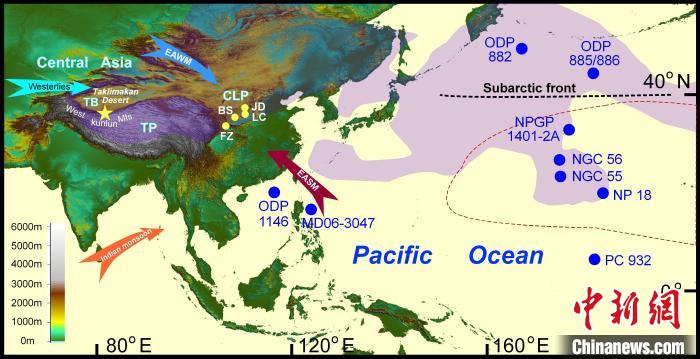 塔里木沙塵傳輸至北太平洋的路徑(陰影區(qū))及西昆侖山黃土巖芯位置(五角星)?！≈锌圃呵嗖馗咴?供圖