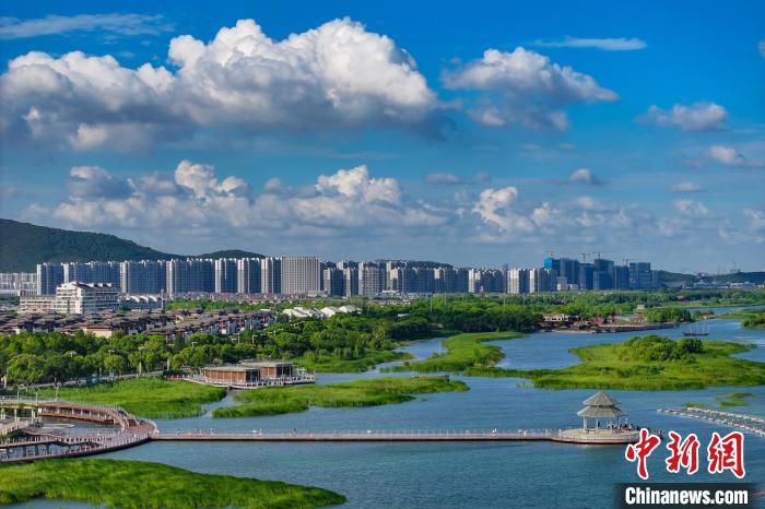 資料圖：航拍蘇州太湖湖濱國家濕地公園，藍天碧水生態(tài)美。 泱波 攝