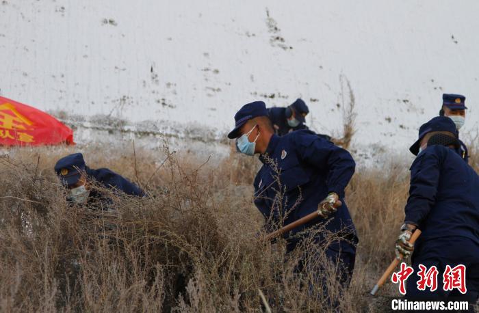 圖為200余名消防員在布達(dá)拉宮后山集合除草?！≮w朗 攝