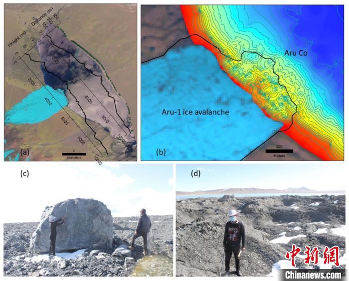 a。第一次冰崩在阿汝錯(cuò)產(chǎn)生的巨大湖嘯；b。大量碎屑物質(zhì)帶入阿汝錯(cuò)，導(dǎo)致冰崩扇附近湖底地形產(chǎn)生顯著變化；c。冰體融化后冰崩扇上留下的巨石；d。大量碎屑物質(zhì)。中科院青藏高原所 供圖